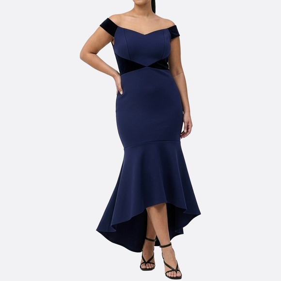 Eliza J Dresses & Skirts - Eliza J Scuba Mermaid Gown Velvet Trim Navy Hourglass High Low‎ Dress 14P 0X L